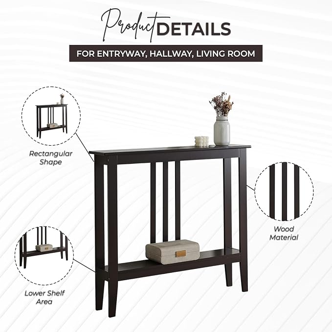 Kings Brand Narrow Console Table w/Storage Shelf, Sofa Entryway, Espresso | Narrow Console Table with Storage Shelf – Slim Design Fits Entryways, Hallways, Behind Sofas, Shelf Décor, Books, Essentials