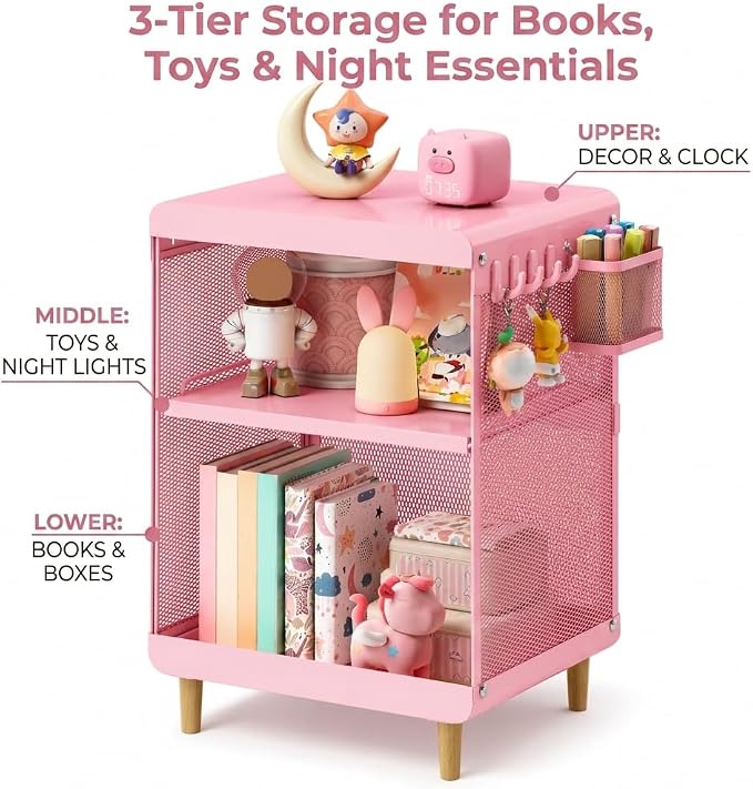 SYKIARIOL Kids Nightstand for Girls, Metal Bedside Table with 4 Hooks & Hanging Basket, 3-Tier Storage Shelf, Toddler Night Stand for Bedroom, Pink