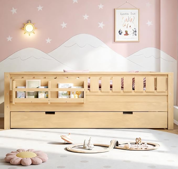Bellemave Full Size Kids Bed with high Rails and with Built-in Bookshelf and Trundle for Kids, Girls, Boys, Wood Montessori Bed Without Door, Light Natural