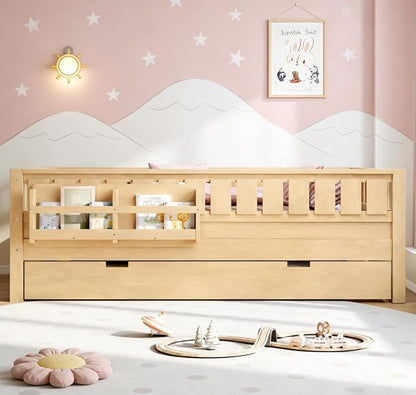 Bellemave Full Size Kids Bed with high Rails and with Built-in Bookshelf and Trundle for Kids, Girls, Boys, Wood Montessori Bed Without Door, Light Natural