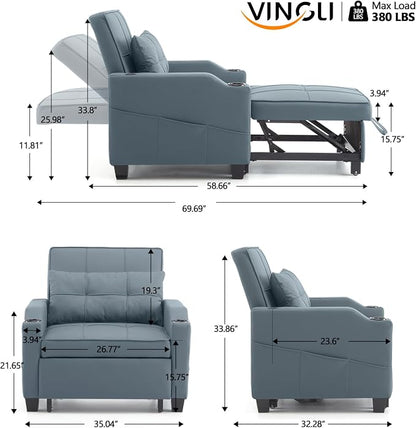 VINGLI Sleeper Chair with Pull Out Couch Bed, 3-in-1 Convertible Sofa Bed Chaise Recliner with USB Ports, Cup Holders, Side Pockets for Living Room Bedroom Small Spaces