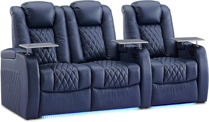 Weilianda Home Theater Seating Top Grain Leather Zero Gravity Recliner Chair Power Headrest Recline Movie Seat Gaming 7 Colors Mood Light Sofa with Tray Table USB Charge Row of 3 Loveseat Left Blue