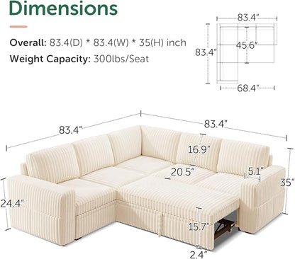 HONBAY Modular Sectional Sleeper Sofa with Pull Out Bed,Corduroy L Shaped Couch with Storage, Sectional Couches for Living Room,Beige