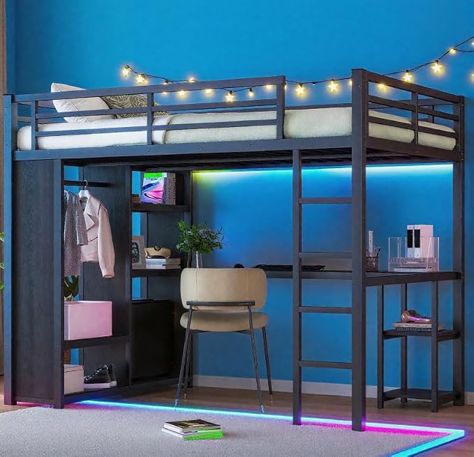 Bellemave Full Size Loft Bed with Desk, Wardrobe, Metal Full Loft Bed Frame for Adults, Kids, Teens, Black