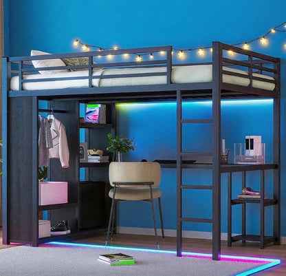 Bellemave Full Size Loft Bed with Desk, Wardrobe, Metal Full Loft Bed Frame for Adults, Kids, Teens, Black