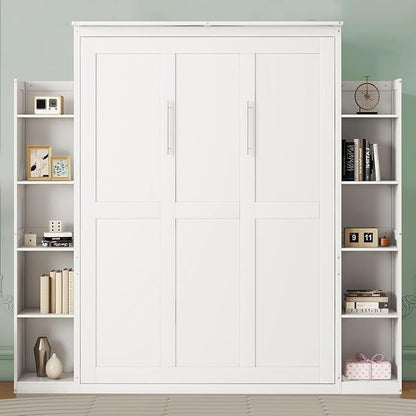 MERITLINE Queen Murphy Bed with Storage Shelves and LED Lights, Wood White Murphy Wall Bed Cabinet with Bookcase Bookshelf for Adults