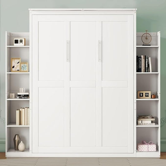 MERITLINE Queen Murphy Bed with Storage Shelves and LED Lights, Wood White Murphy Wall Bed Cabinet with Bookcase Bookshelf for Adults
