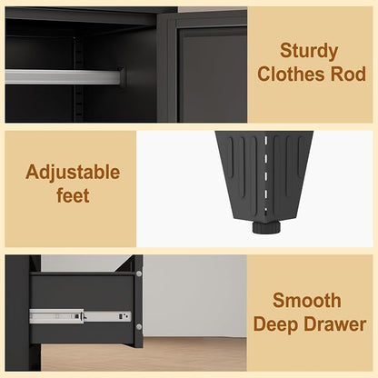 Metal Armoire Wardrobe Closet Storage Cabinet with 2 Doors Black, 71'' Wardrobe with Hanging Rod Metal Closet with Adjustable Shelf and 2 Drawers, Freestanding Storage Cabinet for Bedroom