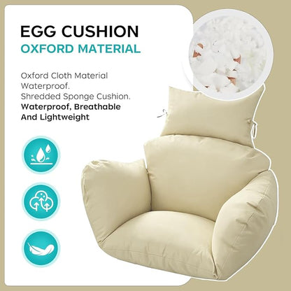 Egg Chair Cushion Replacement, Waterproof Thicken Hanging Egg Swing Chair Cushion for Outdoor Furniture, Wicker Rattan Hammock Basket Cushion with Headrest Pillow 47x31.5x4.7 inch(Cream)