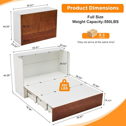 VINGLI Full Murphy Bed with Storage Drawer,2 Charging Station,Rustic & Scandinavian Style Foldable Bed Cabinet,Hideaway Paltform Panel Bed for Small Room,Guest Room,Office,Apartment,Golden Brown