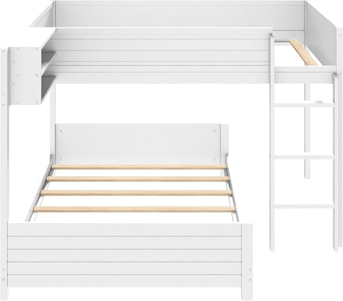 Full XL Over Full XL Bunk Bed with Built-in Storage Shelf & Ladder, Wood Bed Frame with Support Slats, Space-Saving Design, White