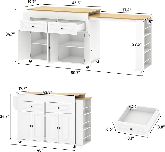 80"-48" Extendable Kitchen Island with Extended Dining Table and Power Outlet,Large Mobile Kitchen Storage Islands with 2 Storage Drawers,Rolling Islands Cart with 3 Extra Rows Open Shelves(White)