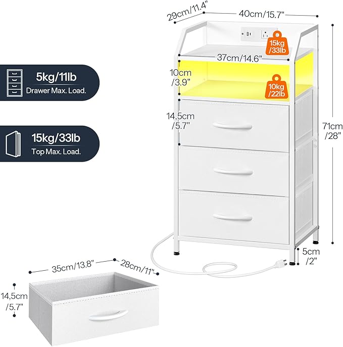 HOOBRO White Nightstand with Charging Station, End Table with 1 AC Outlet, 1 USB Port, and 1 Type-C Port, Bedside Table with LED Light Strip and 3 Non-Woven Drawers, for Bedroom, White WT013UDBZ01