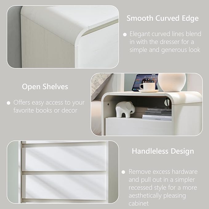 Aitjunz 25" Tall Modern Nightstand Set of 2, 23.6'' Wide Wood Bedside Table w/2 Storage Drawers, Charging Station, Mid Century End Table for Bedroom, Living Room,Curved Profile Design, Antique White