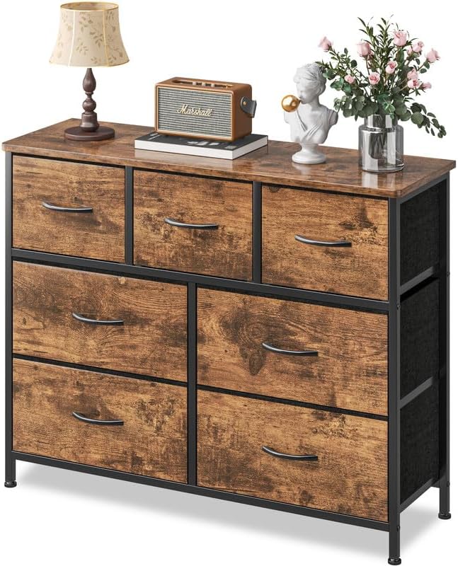 Fabric Dresser for Bedroom One-Piece 7 Drawer Dresser Steel Frame Wide Fabric Storage Tower Wooden Top and Metal Frame for Closet Organizer Living Room Bedroom Room Dorm Room Hallway Rustic Brown