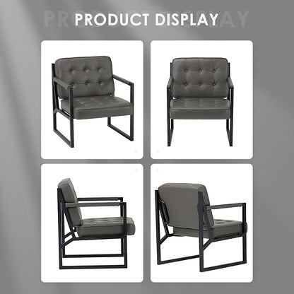 COLAMY Accent Chairs Set of 2, Modern Accent Arm Chairs for Living Room, Comfy Leather Armchairs with Metal Legs for Bedroom Reception Room, Grey