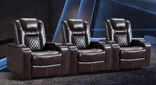 CANMOV Electric Power Recliner Chair Set of 3, Breathable Leather Home Theater Seating with Hidden Arm Storage, Power Recliner Chair with USB Ports and Cup Holders for Living Room,Brown