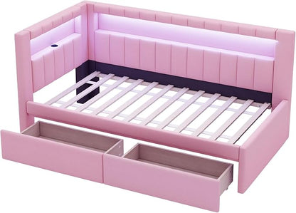 Merax Twin Size Modern Upholstered Platform Bed with USB Ports & Storage Drawers, Floor Sofa Daybed with Wood Slat Support, Storage Bed Frame with Headboard/Twin, Pink