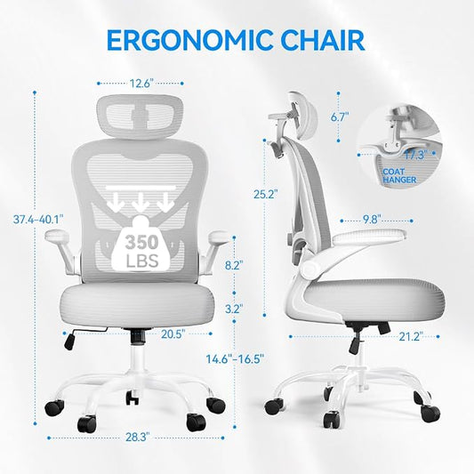Freepub Ergonomic Office Chair with Headrest 3D, Mesh Office Desk Chair with Adjustable Lumbar Support, Computer Chair with Flip up Armrests, 350LBS Capacity - Design for Home/Offices - Grey