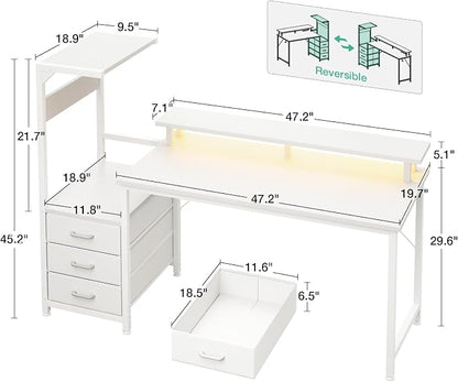 AODK 59 Inch Gaming Desk with USB Charging Ports & LED Light- Reversible Computer Desk with Storage Shelves & Monitor Stand, Modern Gamer Desk Table with Fabric Drawers, White