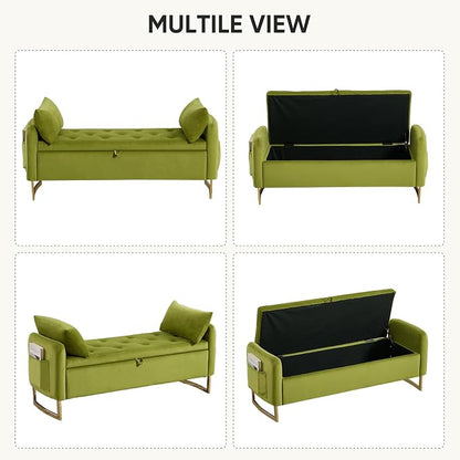 48" End of Bed Bench, Modern Storage Benches with Button-Tufted, Velvet Upholstered Storage Ottoman Bench for Foot of Bed with Arms, Gold Legs Window and Entryway, Olive Green