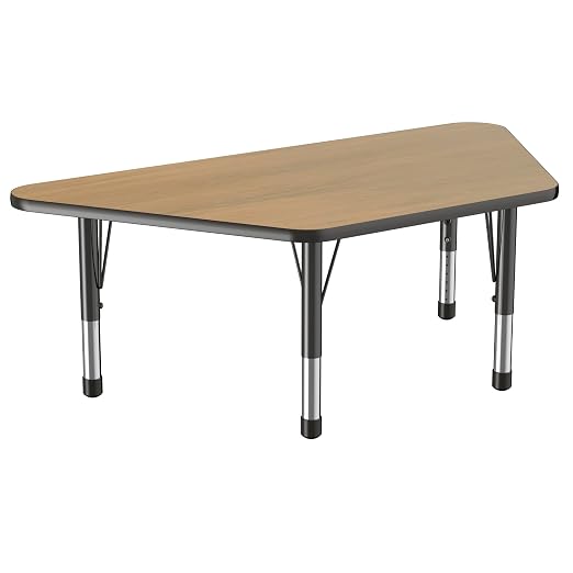 Factory Direct Partners FDP Trapezoid (30 x 60 inch) Classroom Table with Adjustable Chunky Toddler Legs (15-24 in) Preschool, Kinder and Daycare Furniture - Pasadena Oak Top/Black Edge and Legs