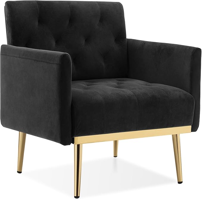 Black Accent Chair, Upholstered Velvet Armchair Comfy Modern Single Sofa Side Chair with arms and Metal Legs for Living Room Bedroom Reading