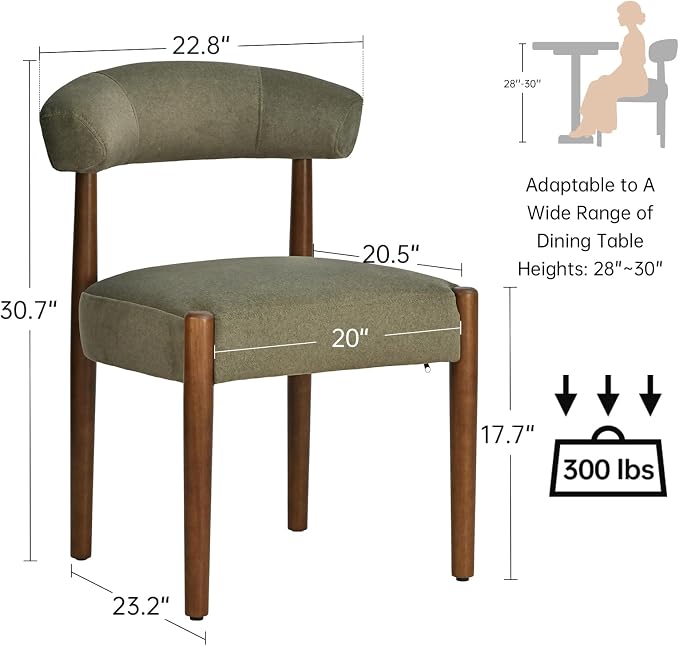 VKNOW Wooden Dining Chairs Set of 4, Modern Upholstered Dining Room Chairs with Walnut Wood Legs and Curved Backrest, Fabric Kitchen Chairs for Farmhouse/Living Room/Dining Room, Green