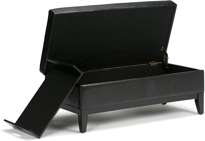 SIMPLIHOME Oregon Storage Ottoman Bench with Tray - 42 inch Wide Upholstered Vegan Leather Rectangle Ottoman Bench in Midnight Black, Transitional Tufted Ottoman for Living Room with Lift-Up Lid