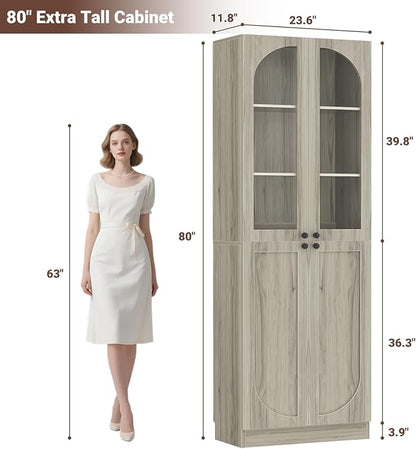 Cyclysio 80" Kitchen Pantry, Tall Arch Storage Cabinet with Tempered Glass & Soft Close Doors, Freestanding Wood Floor Cupboard Bookcase with Seamless Fit Wall for Dining Room, Living Room, Bathroom
