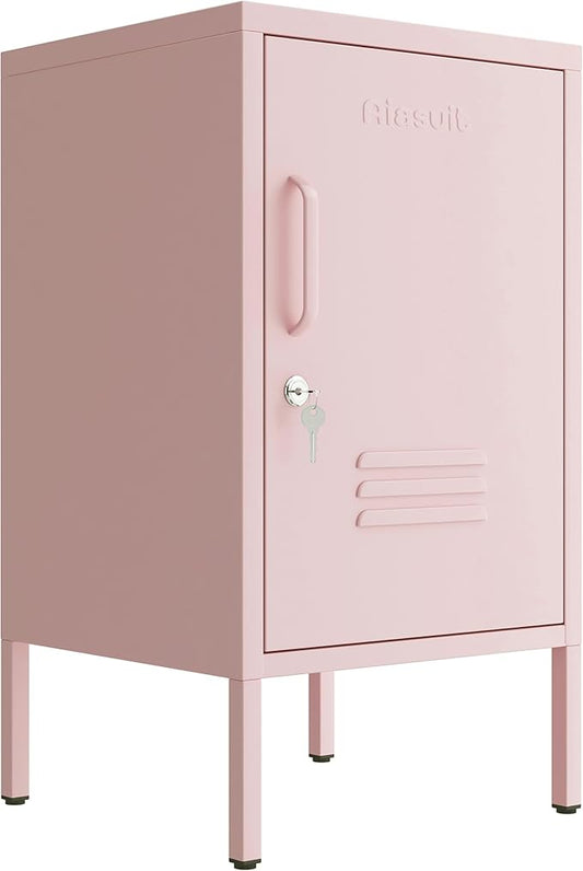 Single Door Lockable Metal End Table & Children's Bedside Table, 2-Tier Storage Cabinet with Adjustable Shelf, Easy Assembly Side Table for Living Room Bedroom Home Office Pink