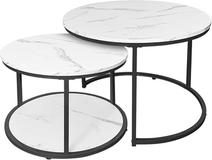 AT-VALY Coffee Table Set of 2 Nesting Tables,Round Side Table for Living Room, Small Accent Table with Storage (Black)