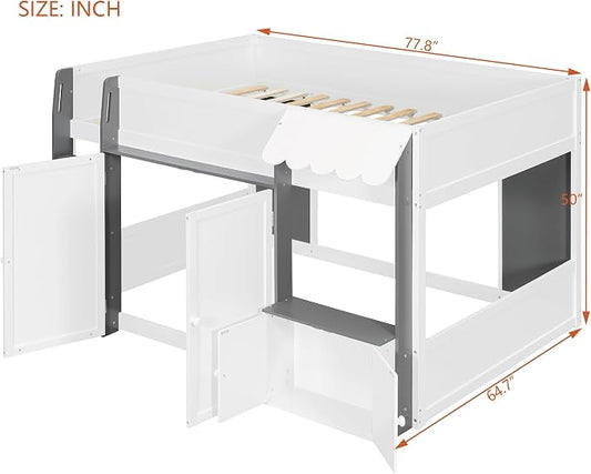 Bellemave Full Size Low loft Bed for Kids,Wood Modern Farmhouse Full Loft Bed with Storage Cabinets, No Box Spring Needed, White+Gray