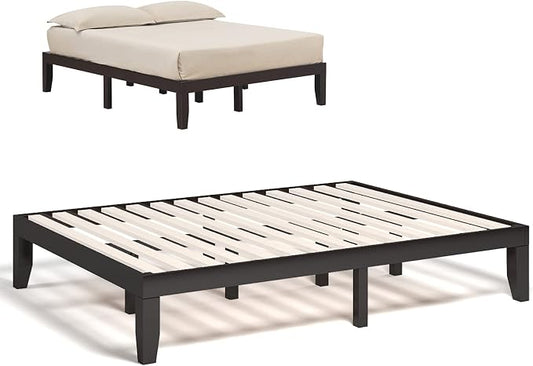 COSTWAY Queen Size Platform Bed Frame, 14 Inches Solid Rubber Wood Bed Mattress Foundation with Sturdy Slats Support, Easy Assembly Bed Frame for Home Hotel, No Box Spring Needed (Espresso, Queen)
