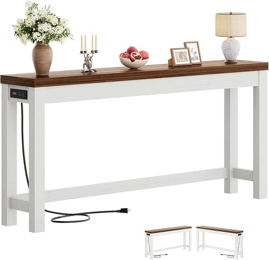 Cyclysio 63" Console Table with Charging Station, 13.8" Deep Farmhouse Sofa Table Behind Couch with 2 AC Outlets & 3 USB Ports, Long Entryway TV Console or Home Office Desk, Rustic Oak