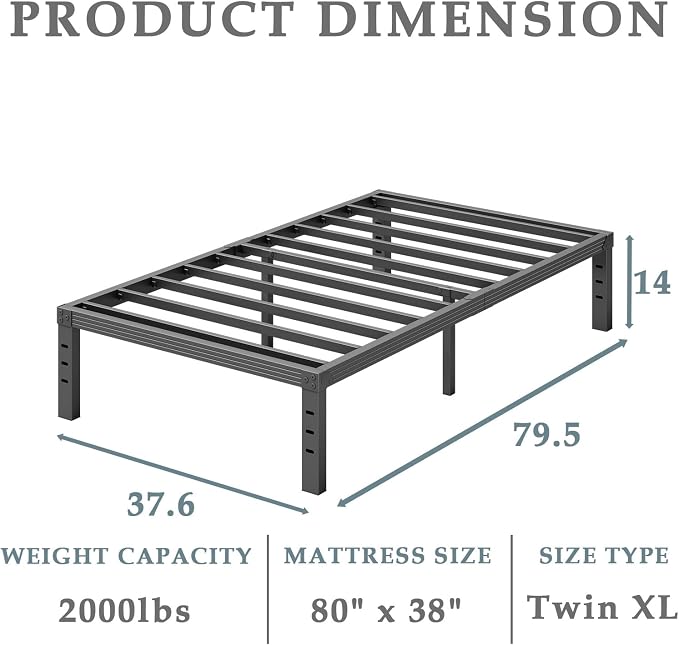 FSCHOS Bed Frame Twin XL, 14 Inch Metal Platform Twin XL Size Bed Frame No Box Spring Needed, Easy Assembly, Noise Free