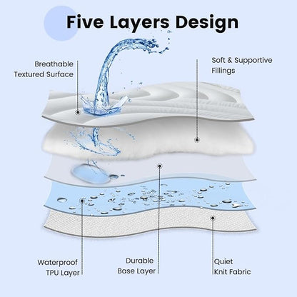 Waterproof Mattress Pad California King, Quilted Fitted Cal King Mattress Topper, Five-Layers Noiseless Mattress Protector Cover with 8"-21" Deep Pocket, Machine Washable, White, 72x84