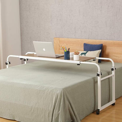 TigerDad Adjustable Overbed Table with Wheels, Mobile Laptop Desk on Wheels for King Queen Bed, Height Adjustable Rolling Computer Cart with Stand, Ancient Oak