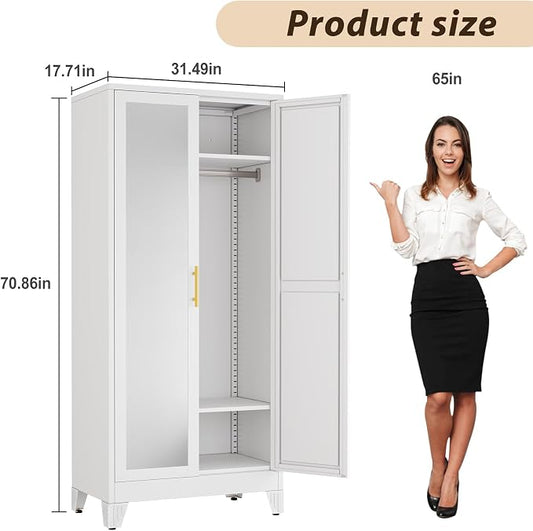 Metal Wardrobe Storage Cabinet with Mirror and Hanging Rod,71'' Metal Clothing Cabinet with 2 Doors and 2 Adjustable Shelves for Bedroom, Laundry Room, Cloak Room (White)