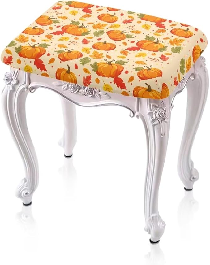Pumpkin Maple Leaf Bar Stool Covers Thanksgiving Stool Covers Rectangular Stretch Washable Vanity Chair Cover Rectangle 2 Pack with Elastic Band