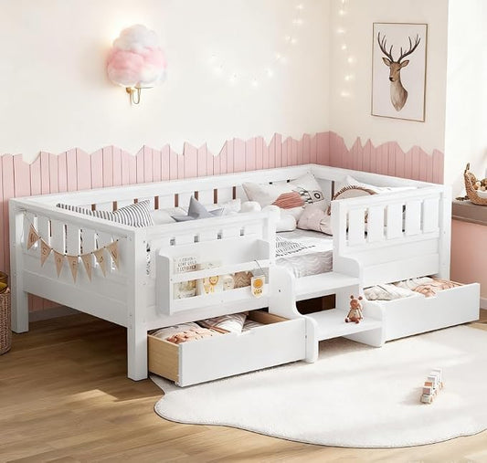 Bellemave Twin Size Kids Bed with high Rails and with Built-in Bookshelf and Drawers for Kids, Girls, Boys, Wood Montessori Bed Without Door, White