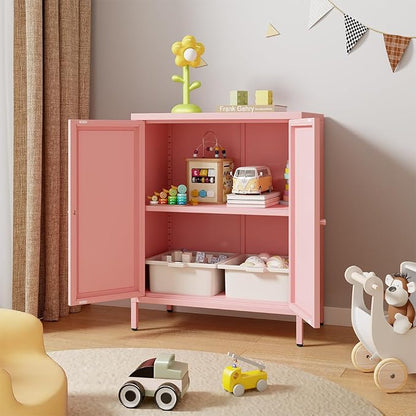 Metal Accent Storage Cabinet for Home,LivingRoom, Office,Kitchen- Metal Locker Cabinet with 1 Adjustable Shelves-Bathroom Floor Storage Cabinet Freestanding Organizer(Square Door, Pink)
