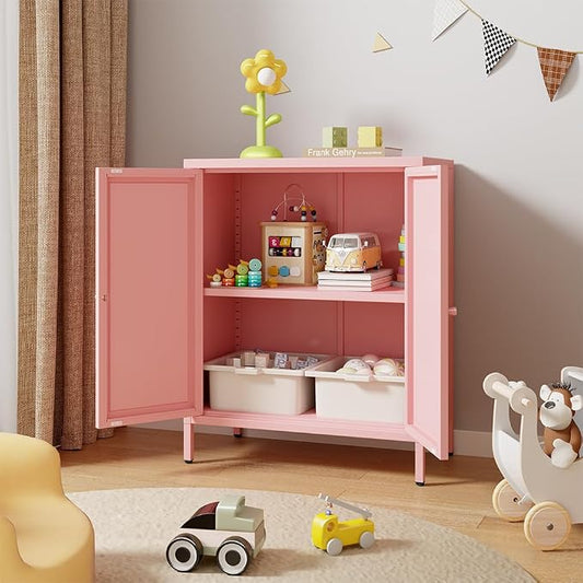 Metal Accent Storage Cabinet for Home,LivingRoom, Office,Kitchen- Metal Locker Cabinet with 1 Adjustable Shelves-Bathroom Floor Storage Cabinet Freestanding Organizer(Square Door, Pink)