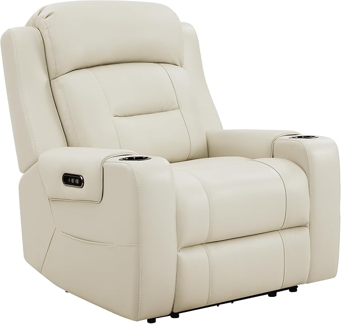 Watson & Whitely Oversized Genuine Leather Power Recliner Chairs for Big and Tall, Extra Wide Lay Flat Recliner with Power Headrest & Cup Holders, Electric Reclining Sofa for Living Room, Cream
