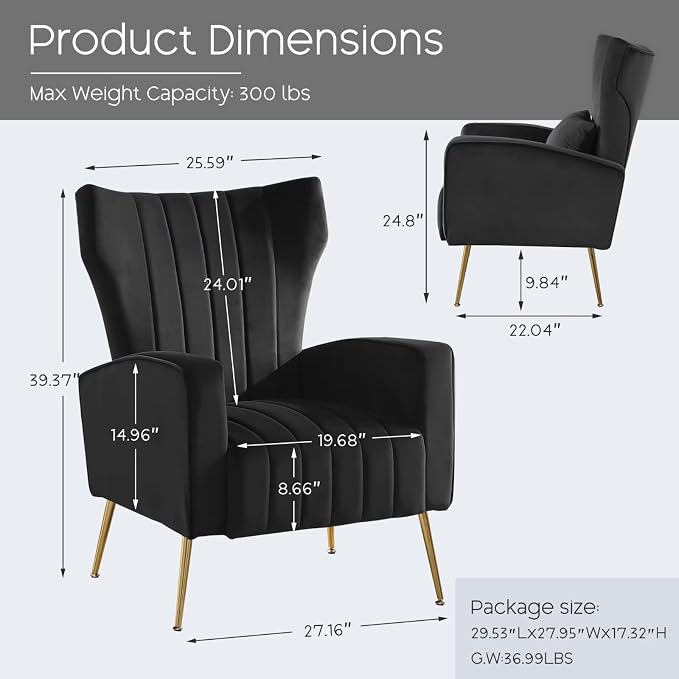 Accent Chair,Wingback Armchair for Living Room, HighBack Reading Chair with Golden Metal Legs Lumbar Pillow,Upholstered Single Sofa for Bedroom, Apartment, Small Spaces Velvet Black