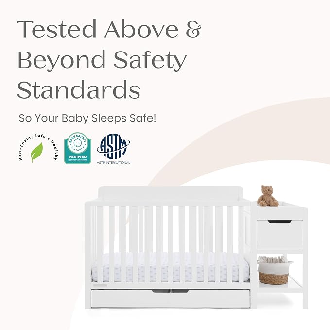 Delta Children Maya 5-in-1 Convertible Crib and Changer with Storage, Converts to Toddler Bed, Daybed, Sofa & Full Bed, Greenguard Gold Certified, 3 Mattress Heights for Baby, Bianca White