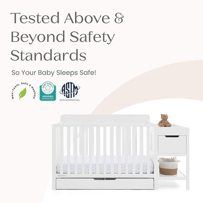 Delta Children Maya 5-in-1 Convertible Crib and Changer with Storage, Converts to Toddler Bed, Daybed, Sofa & Full Bed, Greenguard Gold Certified, 3 Mattress Heights for Baby, Bianca White