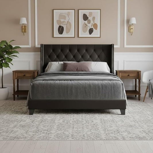 HOME DESIGN Homer King Tufted Wingback Upholstered Panel Bed with 2 Matching 1 Drawer Nightstands, Bedroom Furniture Set with Open Shelf Storage, Brown Brown