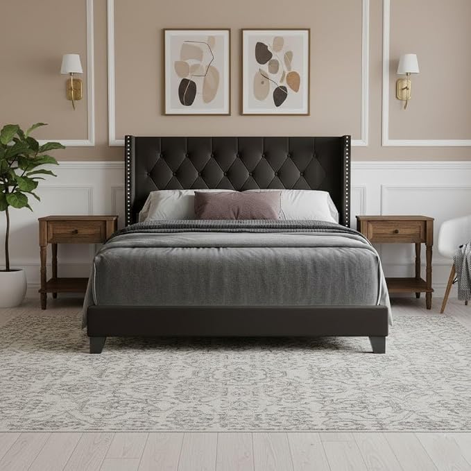 HOME DESIGN Homer Full Tufted Wingback Upholstered Panel Bed with 2 Matching 1 Drawer Nightstands, Bedroom Furniture Set with Open Shelf Storage, Brown Brown