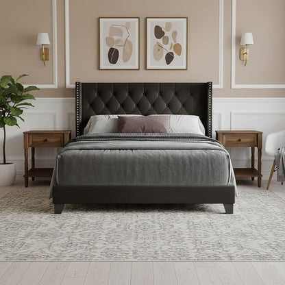 HOME DESIGN Homer Full Tufted Wingback Upholstered Panel Bed with 2 Matching 1 Drawer Nightstands, Bedroom Furniture Set with Open Shelf Storage, Brown Brown